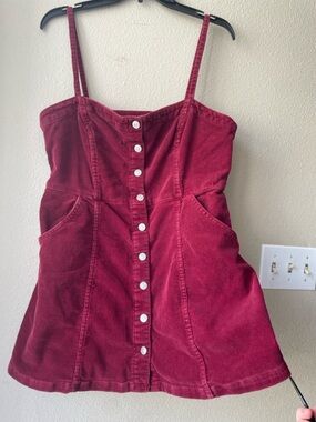 Burgundy Corduroy Button-Front Overalls Mini Dress with Pockets cotton size L
